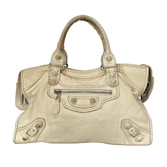 Auth BALENCIAGA The Giant Brogues City Cream Leather Handba - Picture 1 of 14